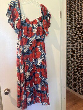 TRAFFIC PEOPLE Midi Dress in Blue/Red Poppy Print Size XL